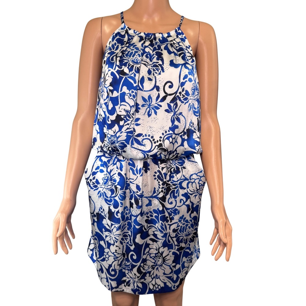 Boston Proper Blue White Floral Halter Blouson Mini Dress Pockets Size 6